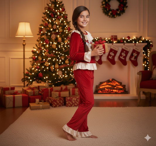 Polar Express Train Frill Edge Red Velour Soft Pyjamas