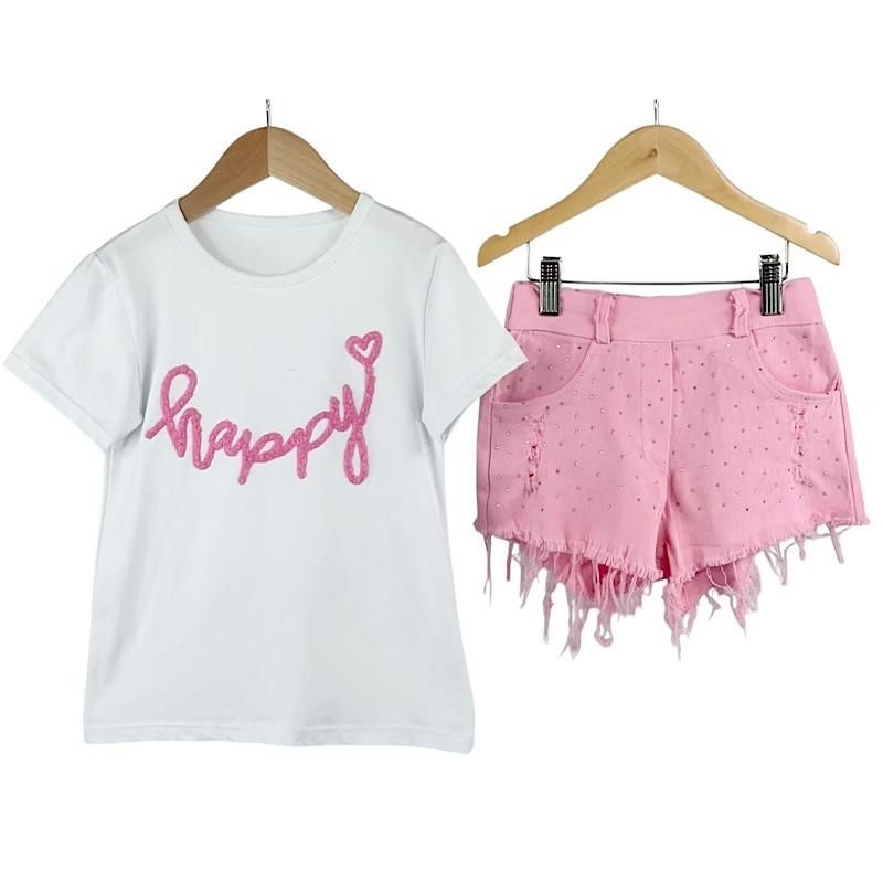 Diamante Co-ord Happy Frey Hem Denim Short Set