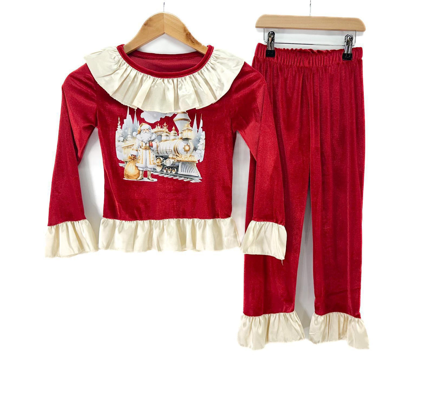 Polar Express Train Frill Edge Red Velour Soft Pyjamas