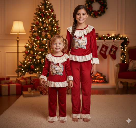 Polar Express Train Frill Edge Red Velour Soft Pyjamas